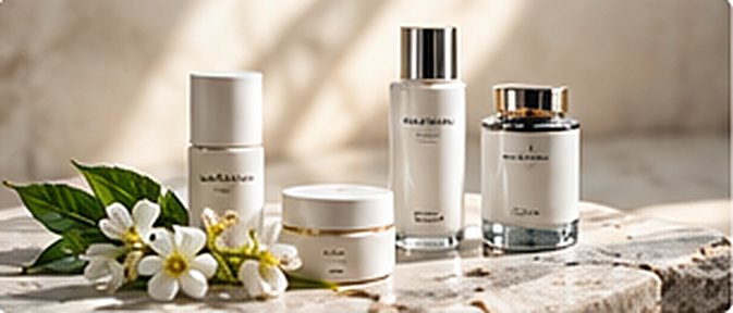 Beauty products on stone with white flowers