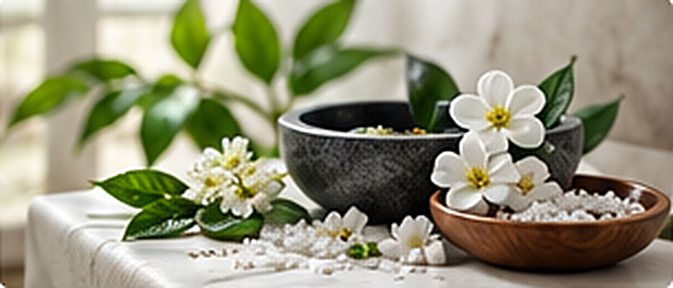 Stone bowl, flowers and spa salt