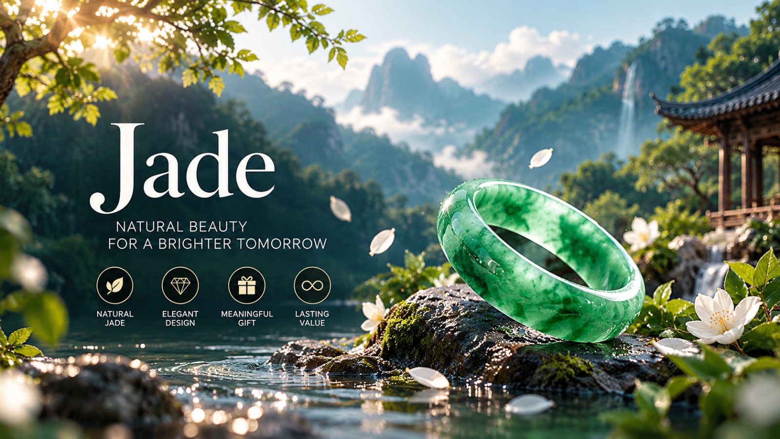 Elegant green jade bangle displayed on a natural stone beside flowing water, surrounded by beautiful scenery.